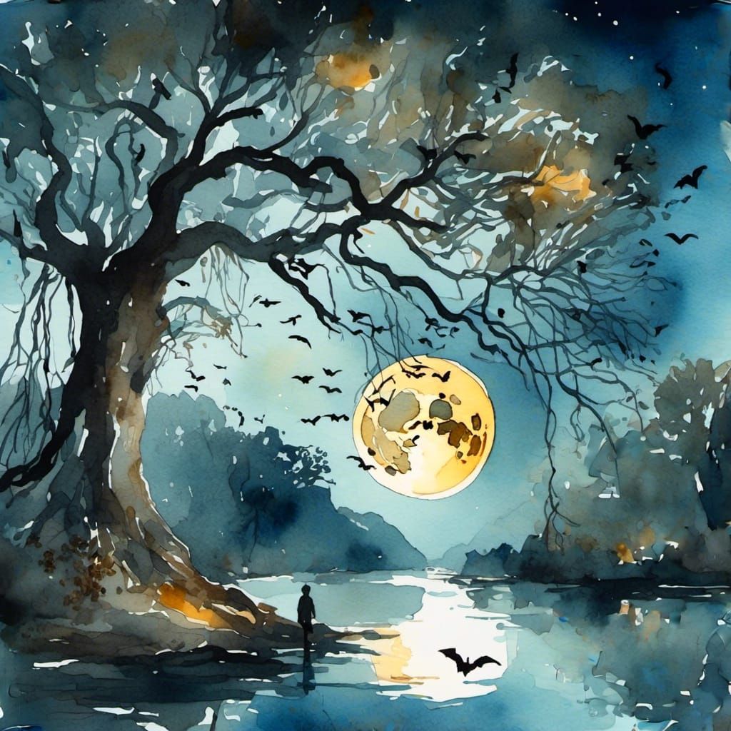 Bats Emerge from Cave Under Moonlit Oak