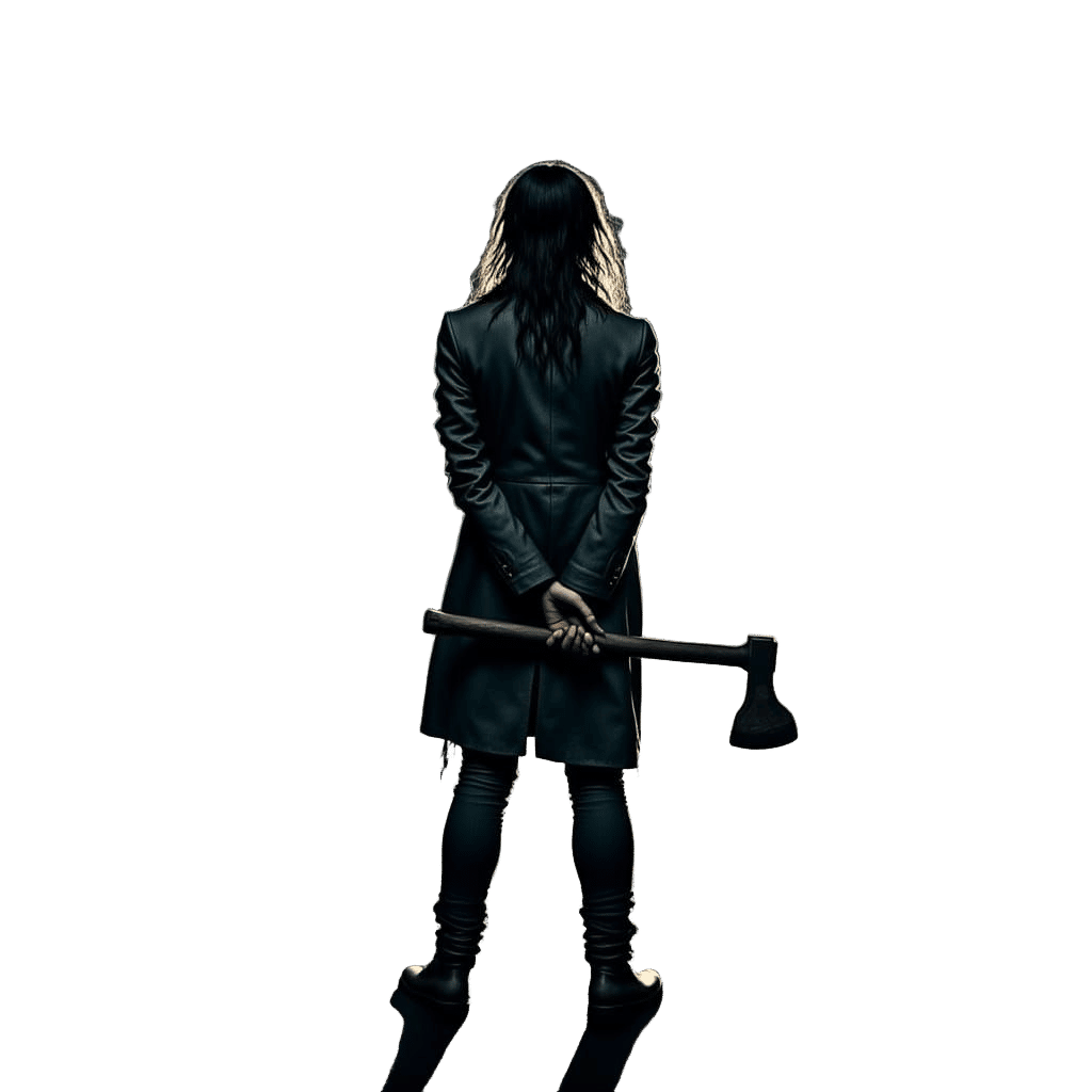 Woman in Dark Coat Stands at Road's Edge with Axe, Illuminat...