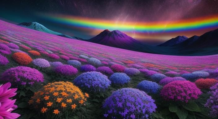 Surreal Rainbow Meadow with Dazzling Light Trails