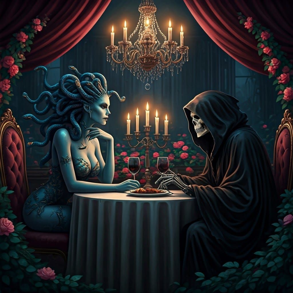 Gorgon and Grim Reaper in Dark Fantasy Style