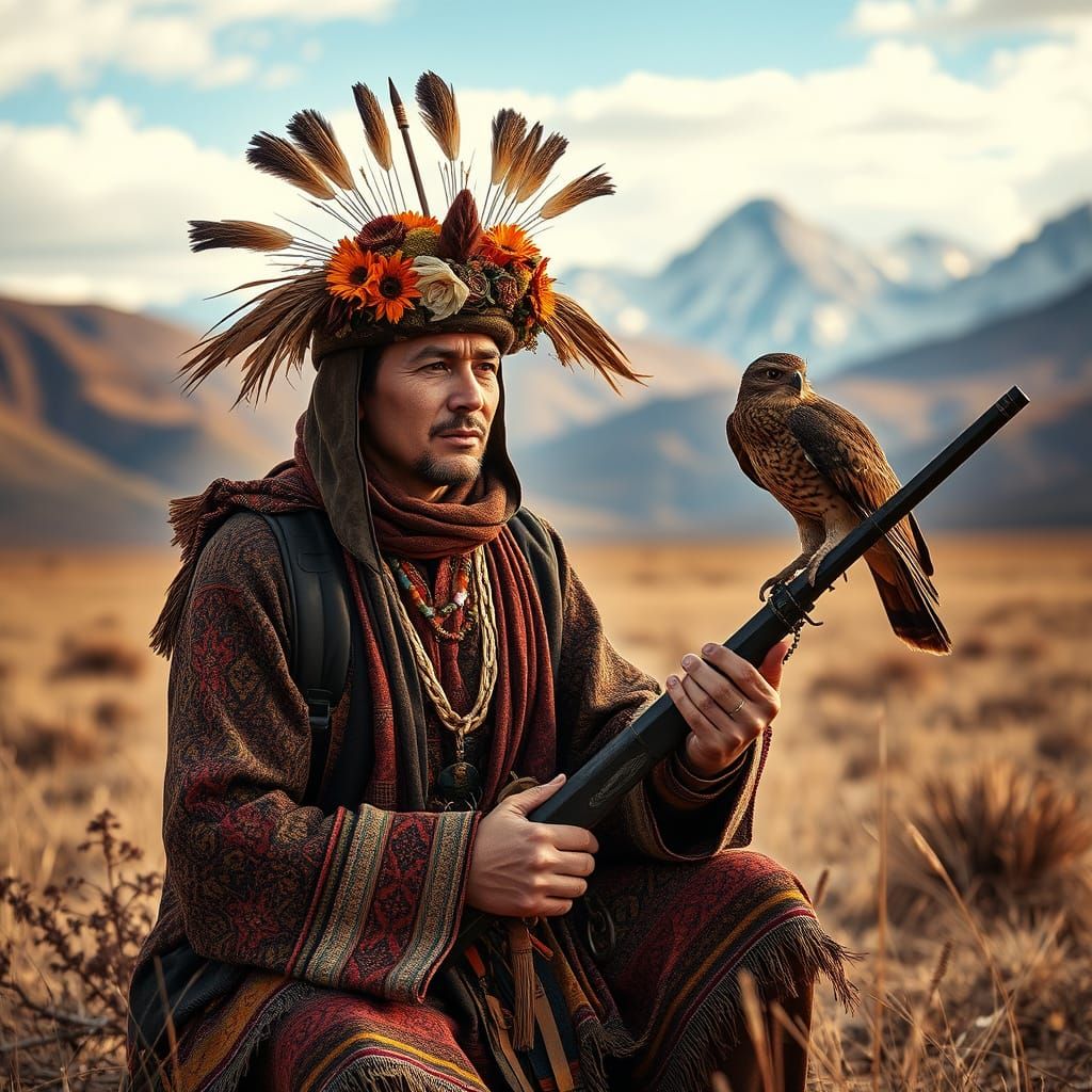 Mongolian Nomad Hunting with Falconry Equipment