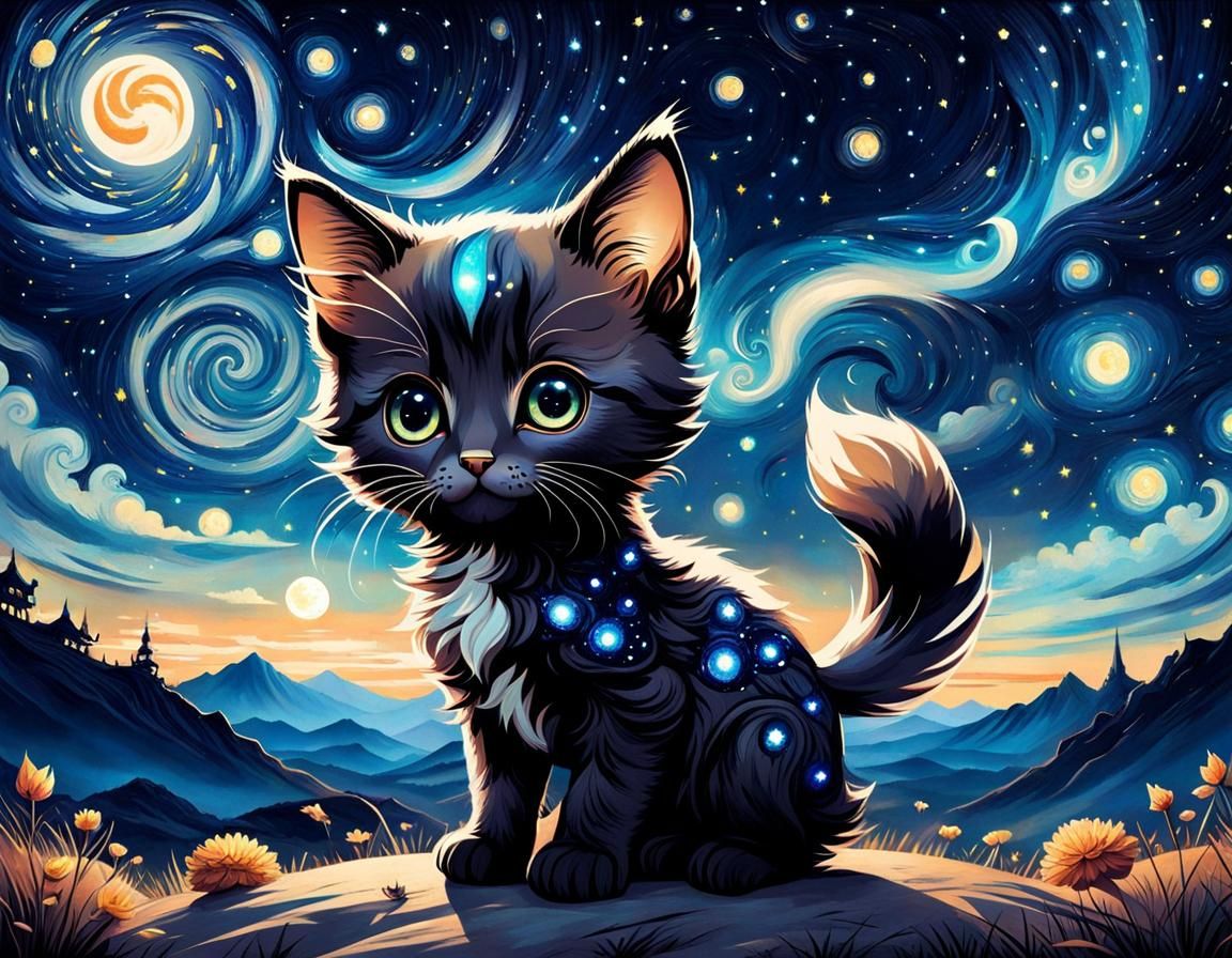 Starry night kitten of Vincent van Gogh ✨