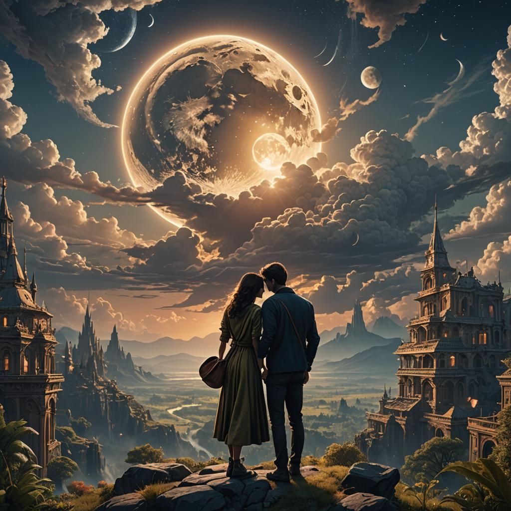 Dreamy Lovers: Sun and Moon Embrace in Digital Art