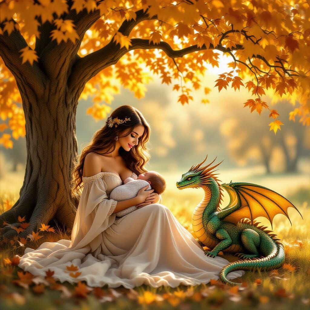 Mother and Dragon Under Autumn Oak Tree