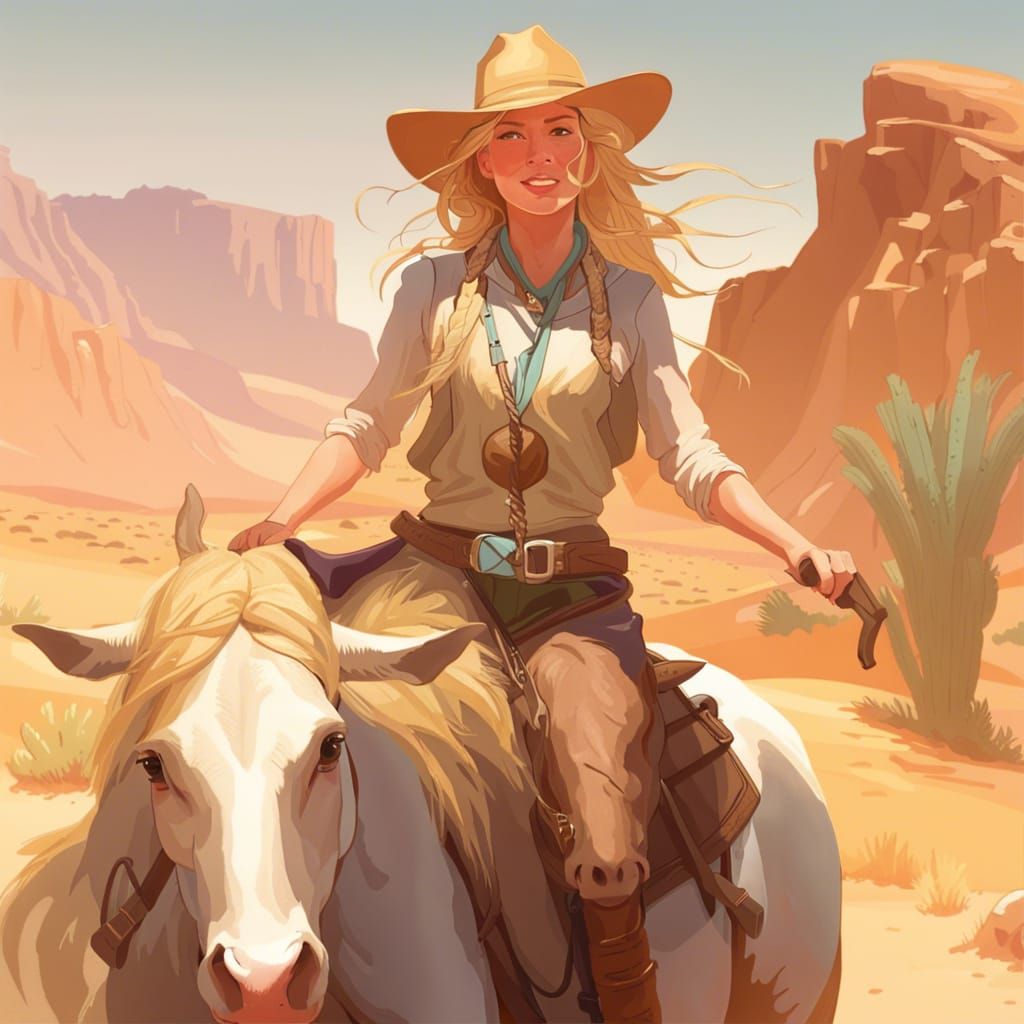 Blonde Cowgirl Rides Horse in Desert Landscape