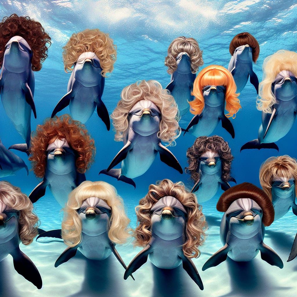 Dolphins Wearing Wigs in Underwater Scene