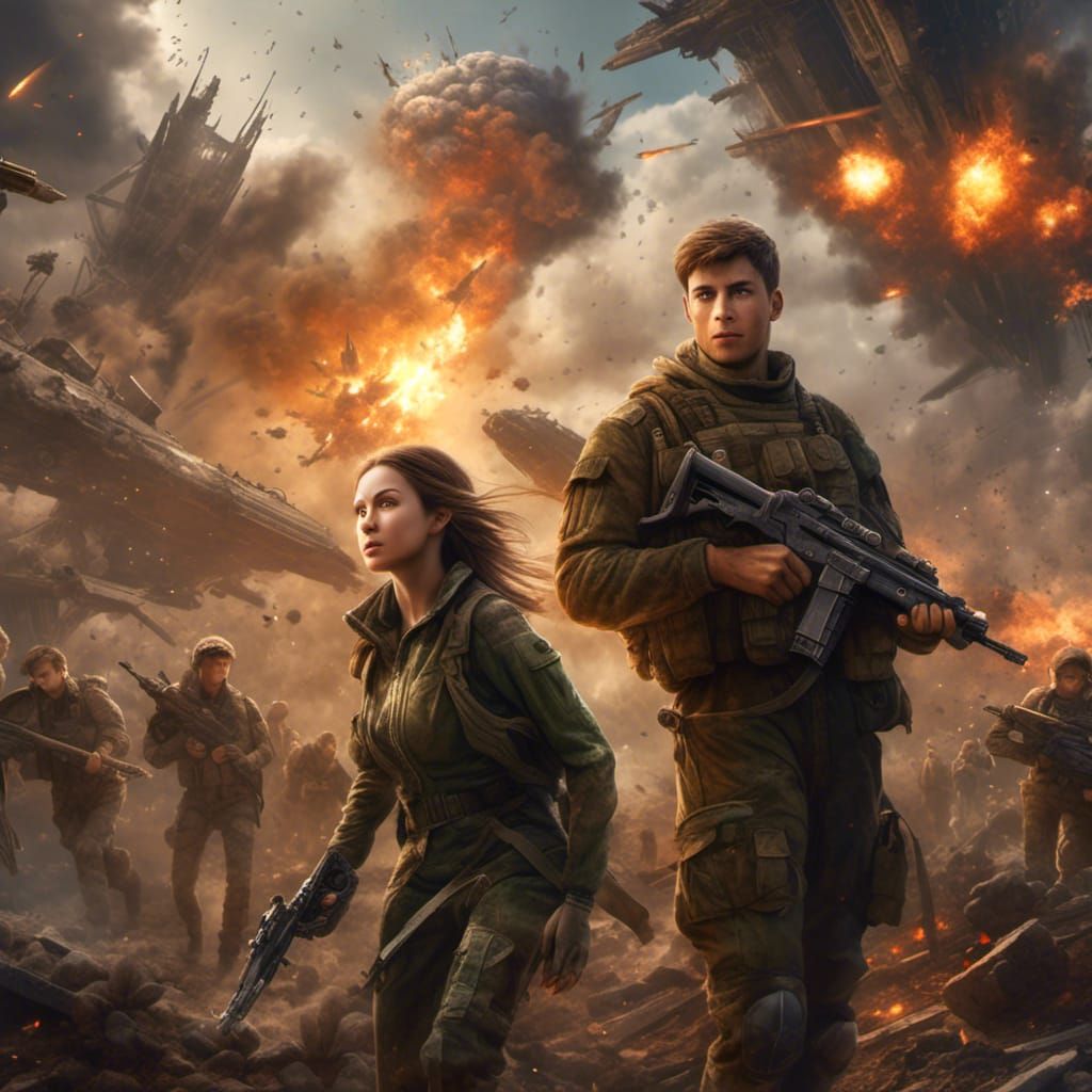 Soldier Protecting Woman in War Zone, Hyperrealistic Art