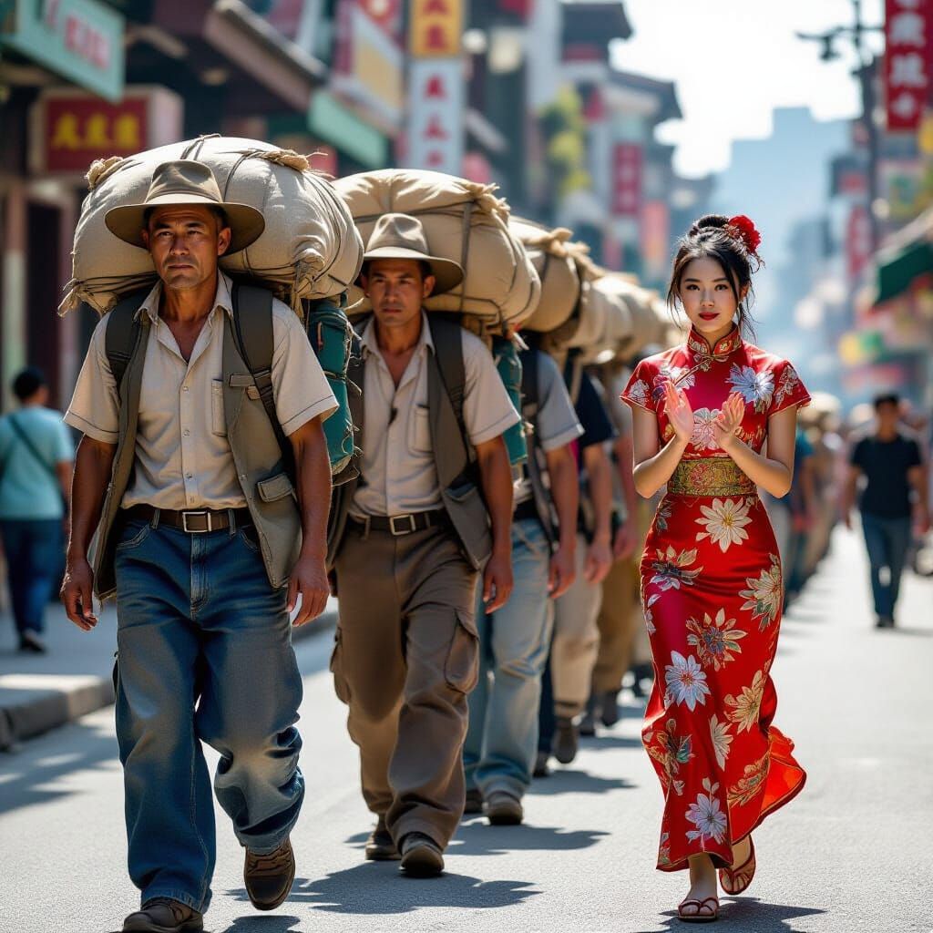 Laborers and Influencer on a Sun-Drenched Street