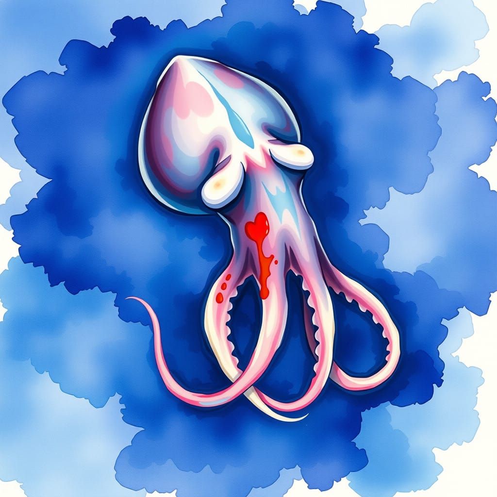 Whimsical Watercolor Squid in Turbulent Indigo Ink