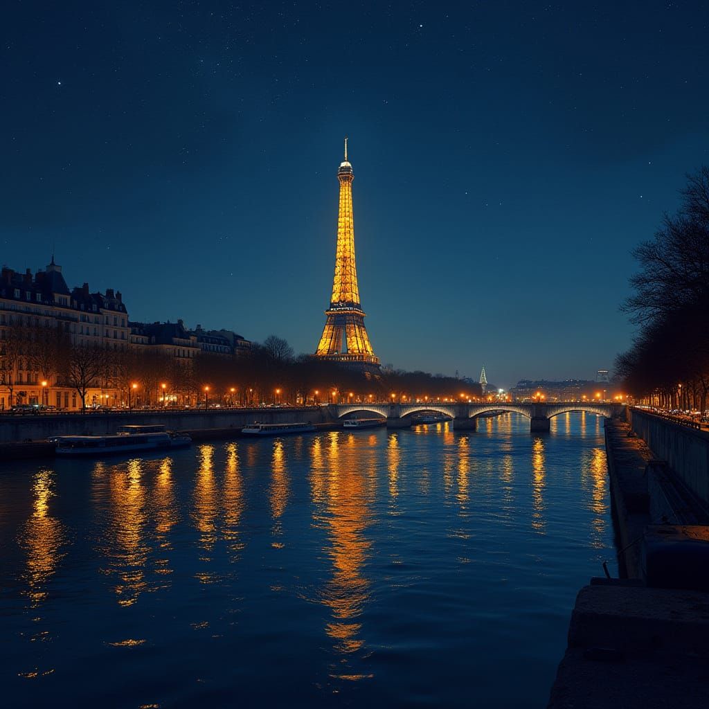 Paris Night View with Golden Eiffel Tower in Impressionist S...