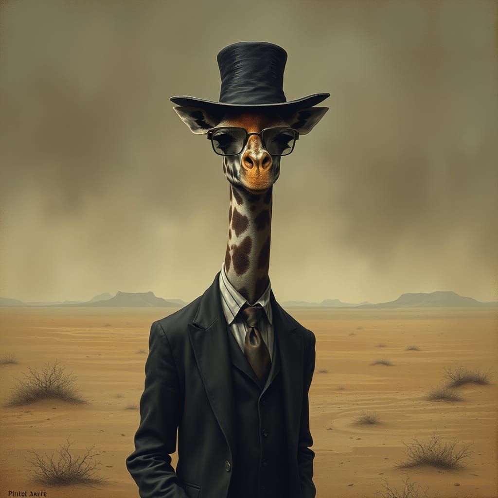 Giraffe in Suit Roams Desert in Dark Fantasy Style