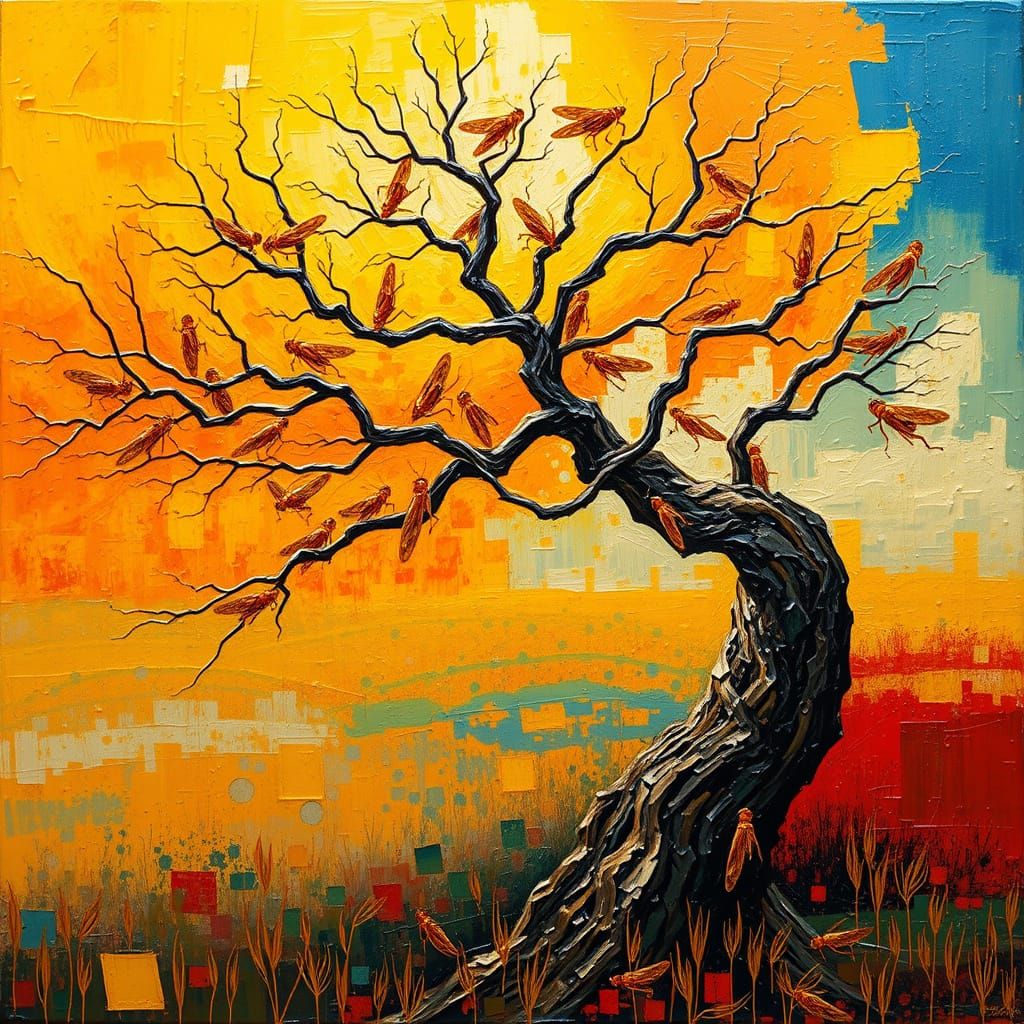 Ethereal Tree Swarmed by Colorful Grasshoppers in Vibrant Ab...