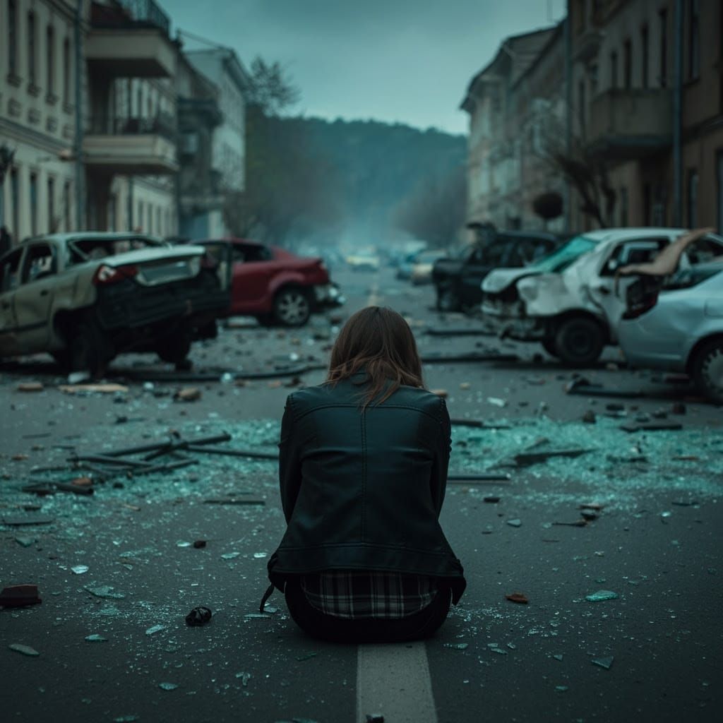 Young Woman Mourns in a Devastated Town