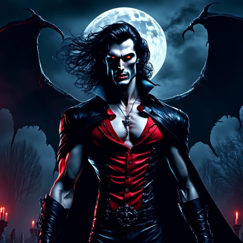 Hyperrealistic Dracula in Transylvania Under Crimson Moon