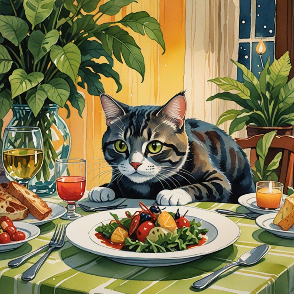 Whimsical Cat Dining on a Fancy Bug Appetizer