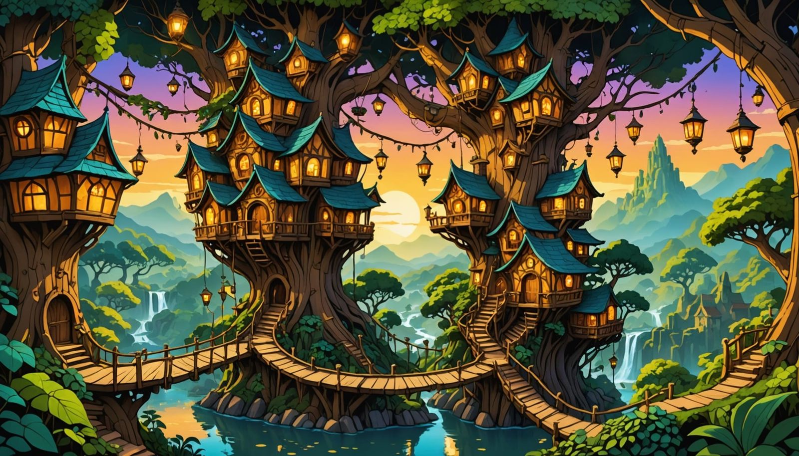 Fantasy Treehouse Village at Golden Sunset