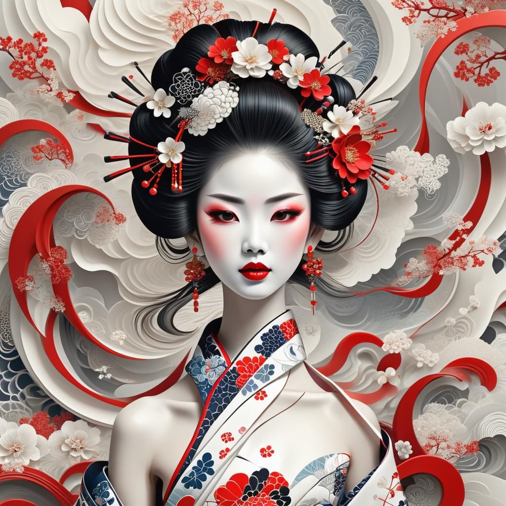Elegant Geisha with Extravagant Hairstyle in Fractal Art