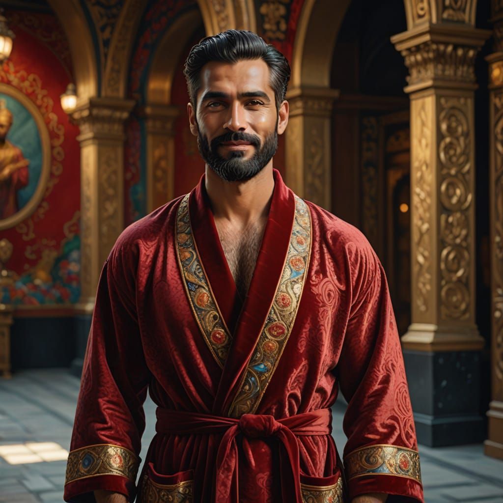 Bearded Man in Red Velvet Robe, Impasto Painting