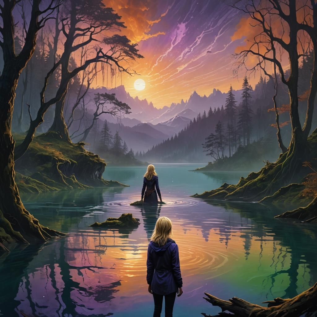 Fantasy Art: Woman Gazing at Lake Monster