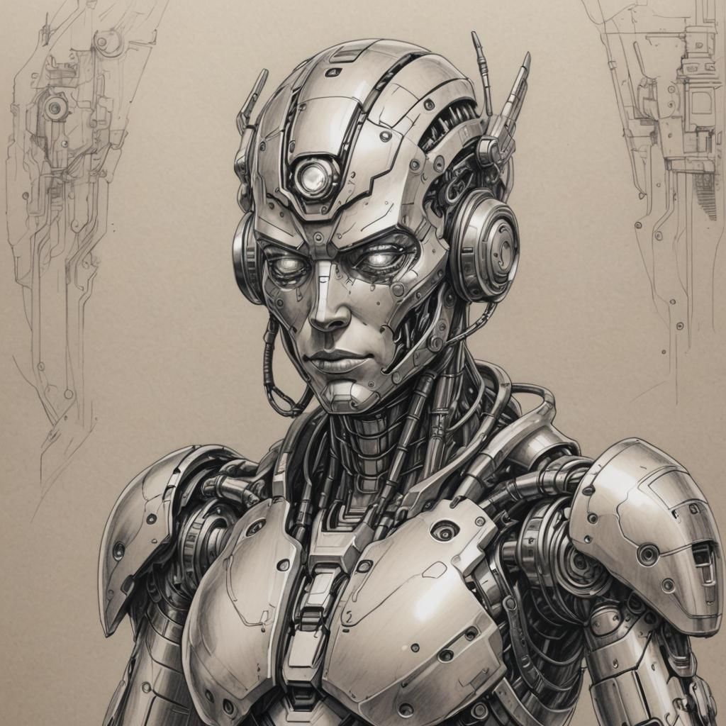 Fantasy Cyborg in Detailed Pencil Sketch