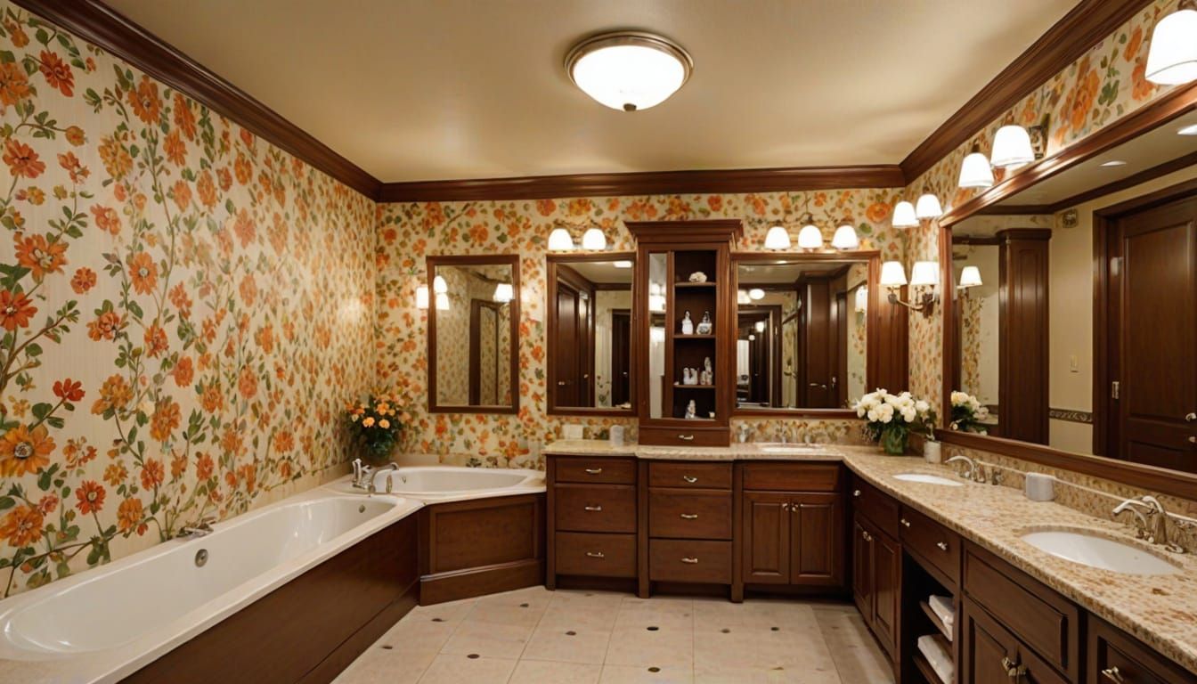 Elegant Women's Restroom with Floral Accents and High Ceilin...
