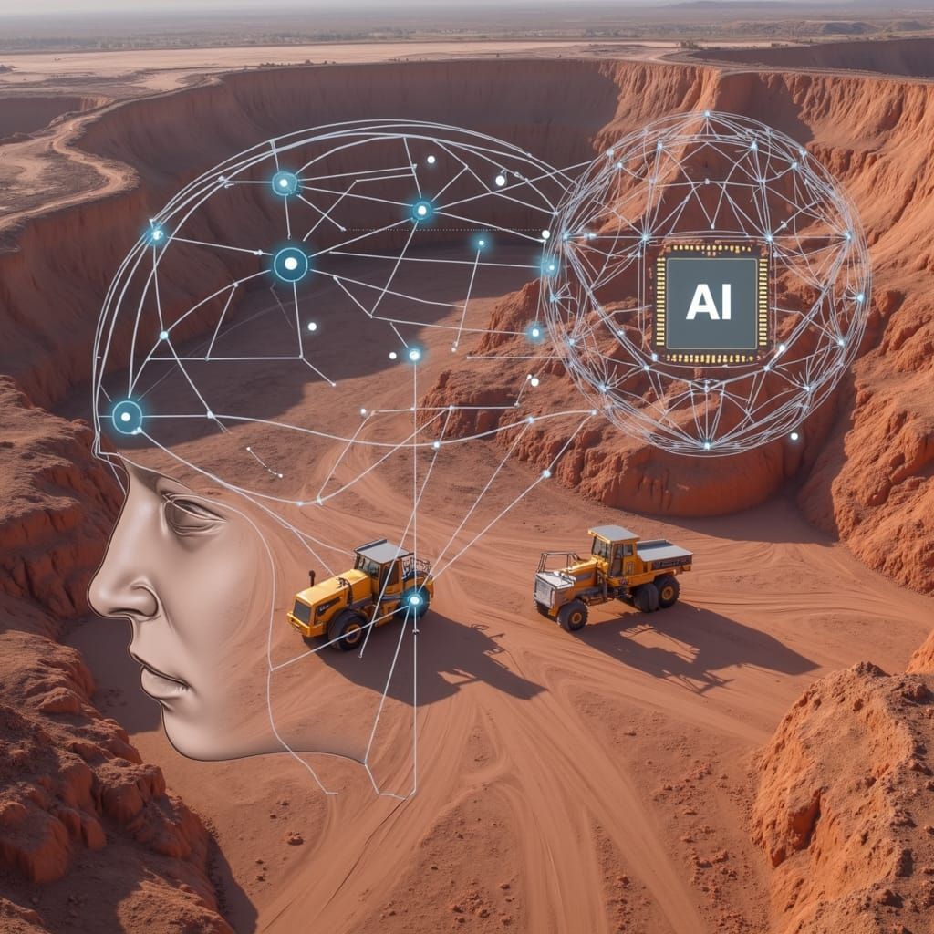 AI Helmet Merged with Open-Pit Mine Aerial View
