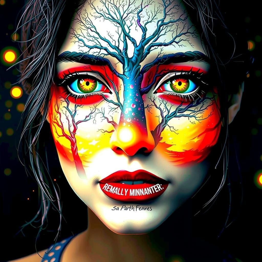 Attractive Woman With Lioness Face Paint, Night Mist Reflect...