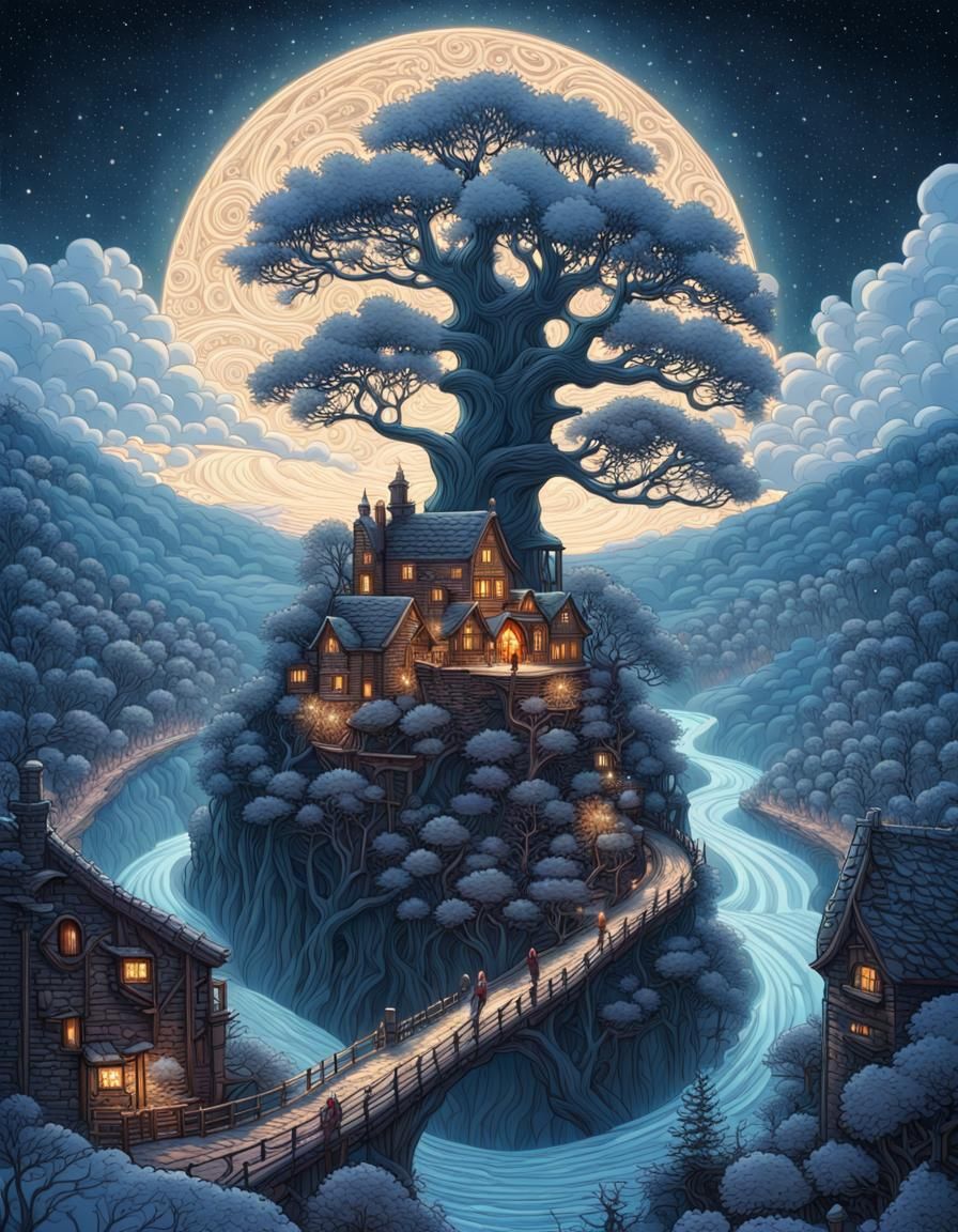 Starry Winter Riverscape in Surreal Style