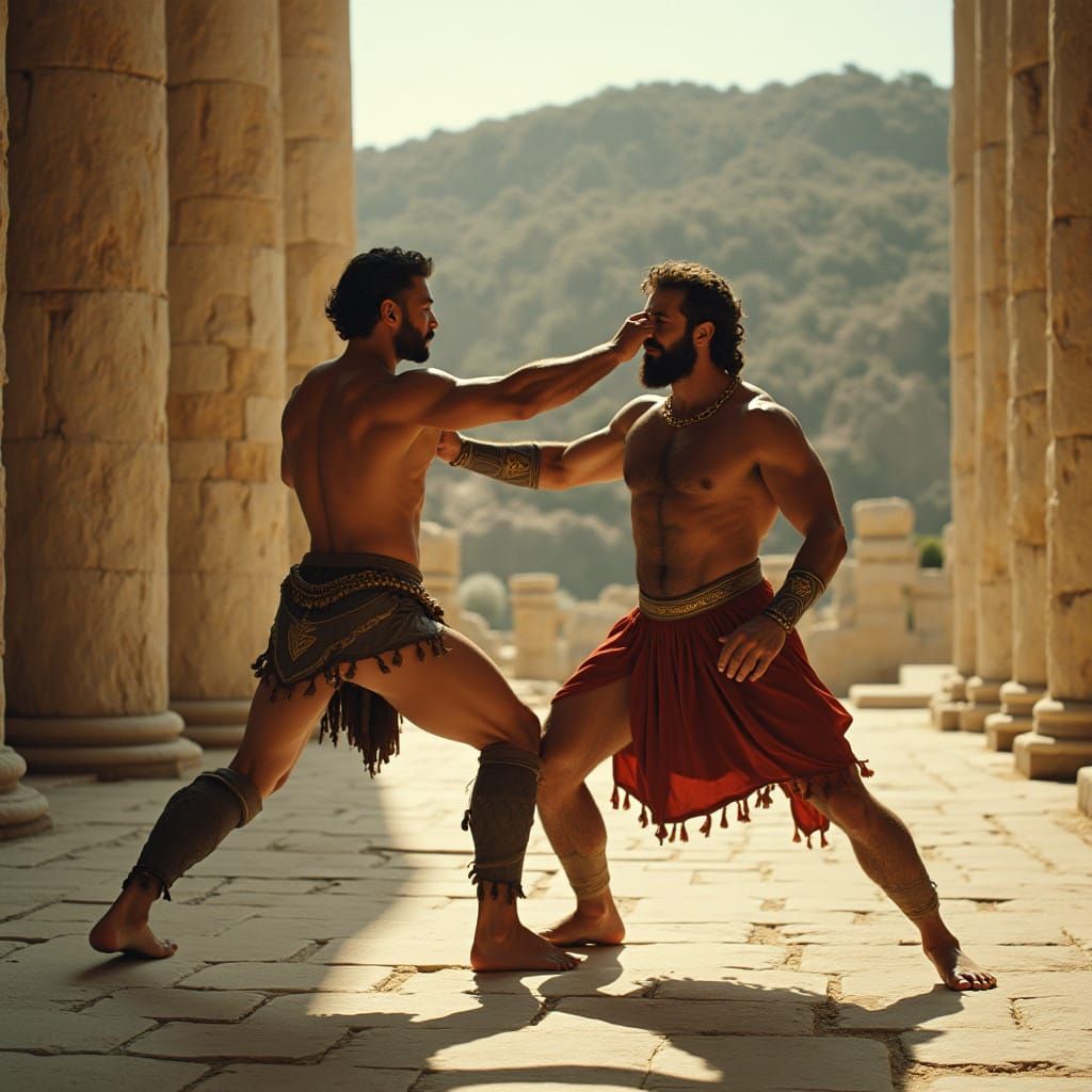 Hercules and Samson Clash in Ancient Greek Temple