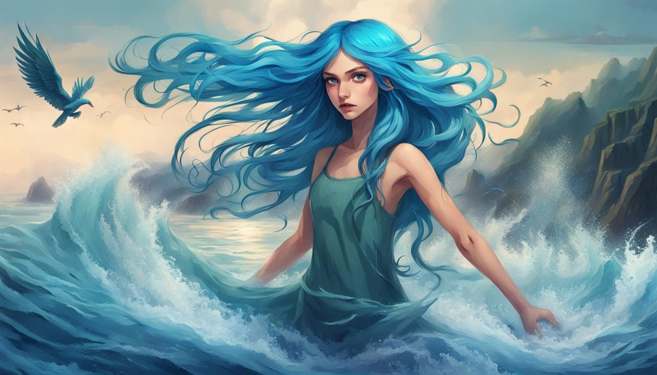 Winged Girl Controls Water with Ocean-Blue Hair
