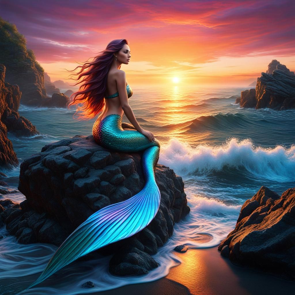 Beautiful Mermaid on a Rock at Sunset