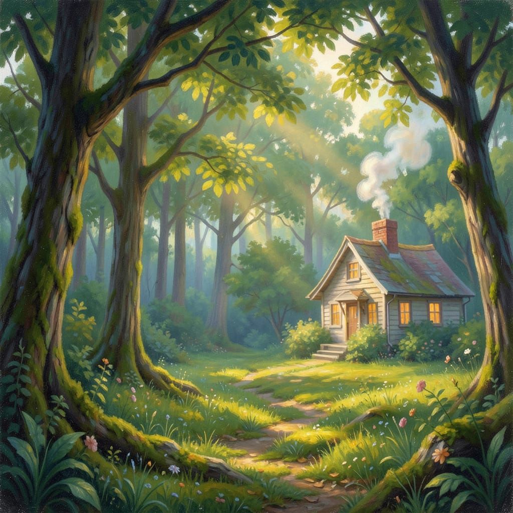 Serene Forest Glade Cottage with Soft Sunlight