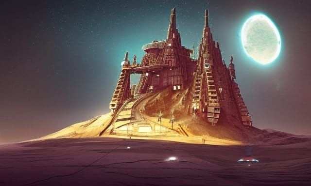 Futuristic Castle on Alien Planet Under Cosmic Sky