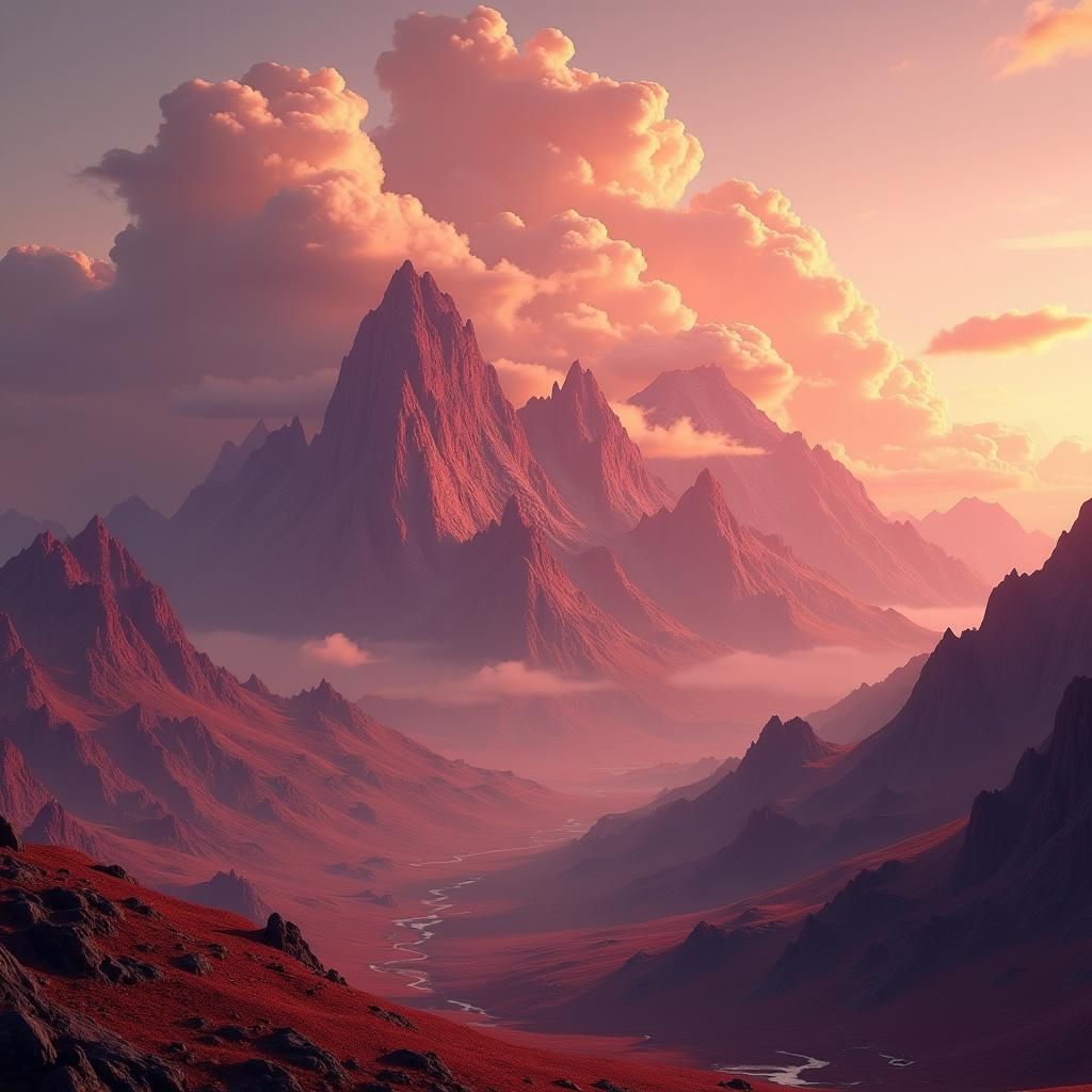 Crimson Mountains in Dreamlike Matte Painting
