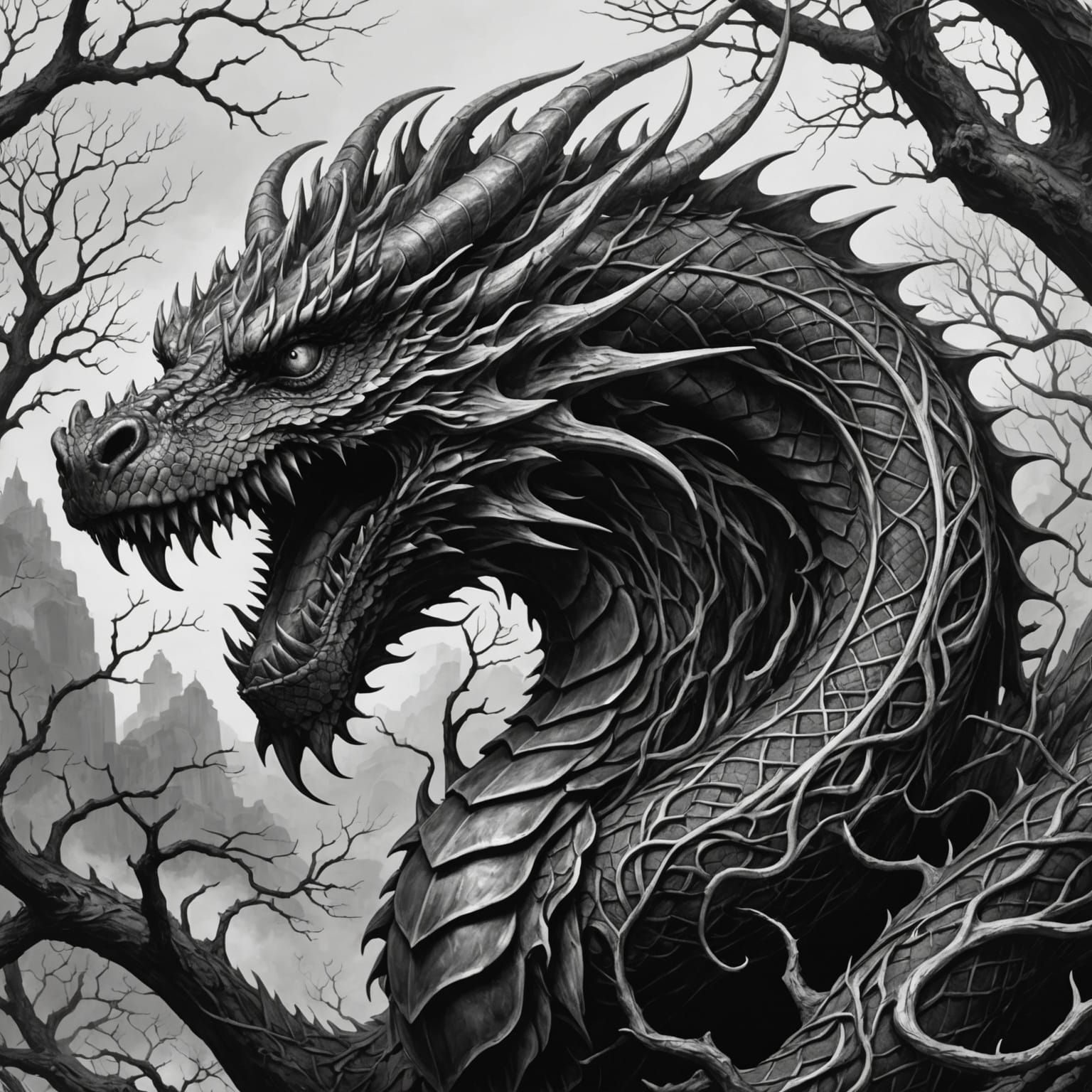 Detailed Dragon Illustration with Twisted Tree