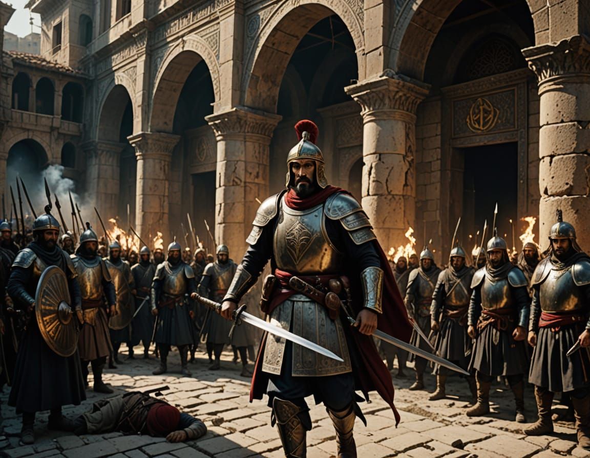 Sword Raised in Smoky Ruin: Last Stand of Byzantine Emperor