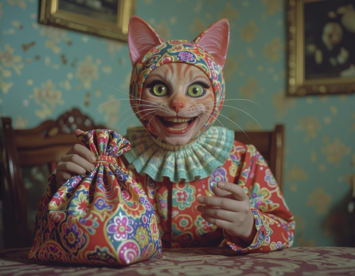 Horrifying Being with Paisley Magic Bag in Cursed Analog Pho...