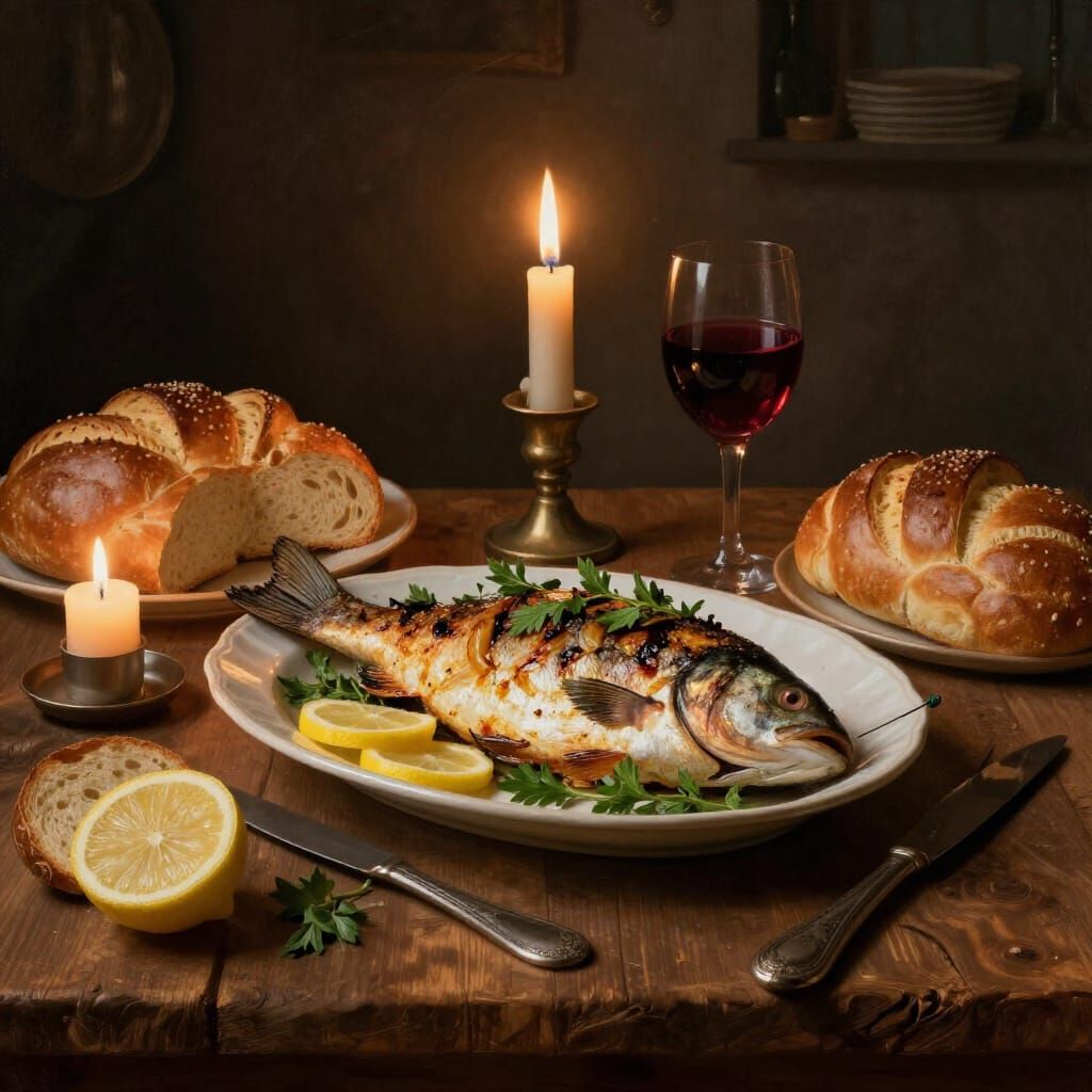 Shabbat Table Still Life with Roasted Fish