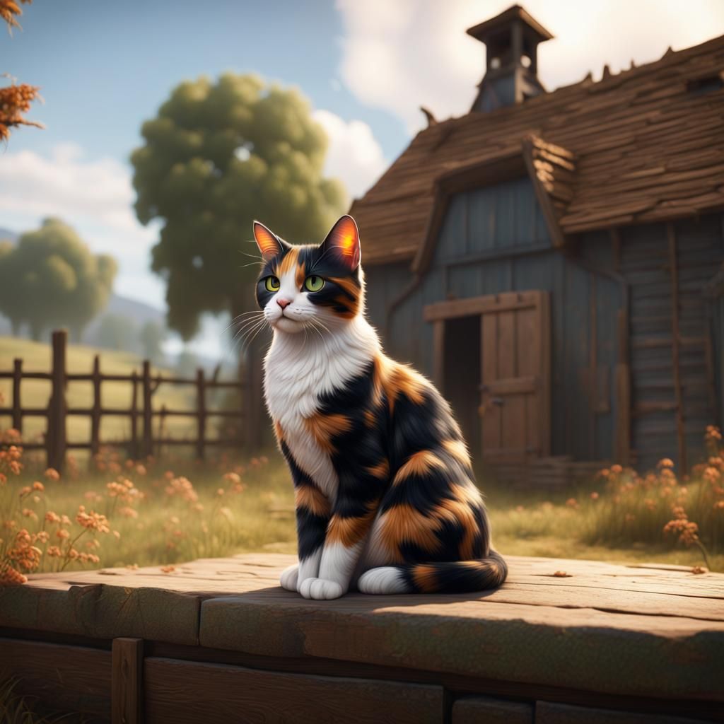 Calico Cat in Farm Setting: Detailed Matte Painting