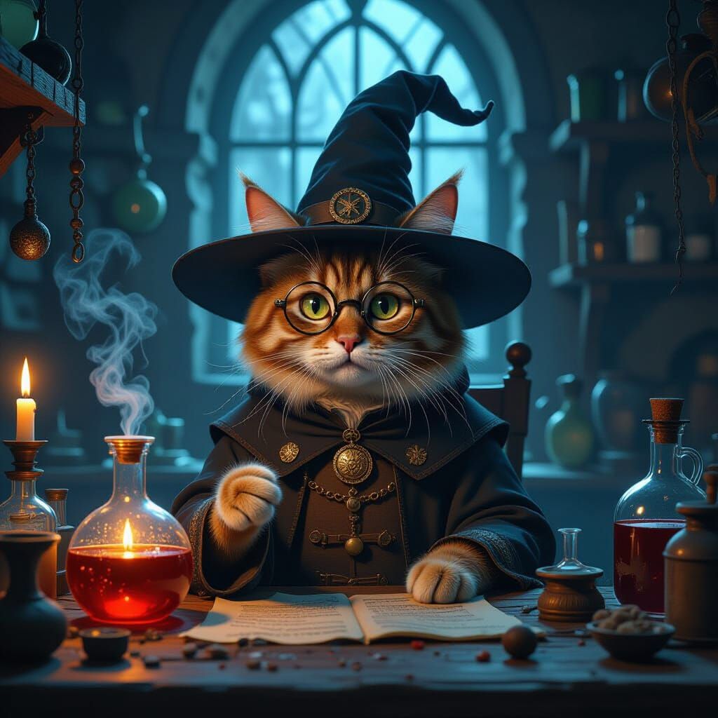 Alchemist Cat in Detailed Matte Painting Style
