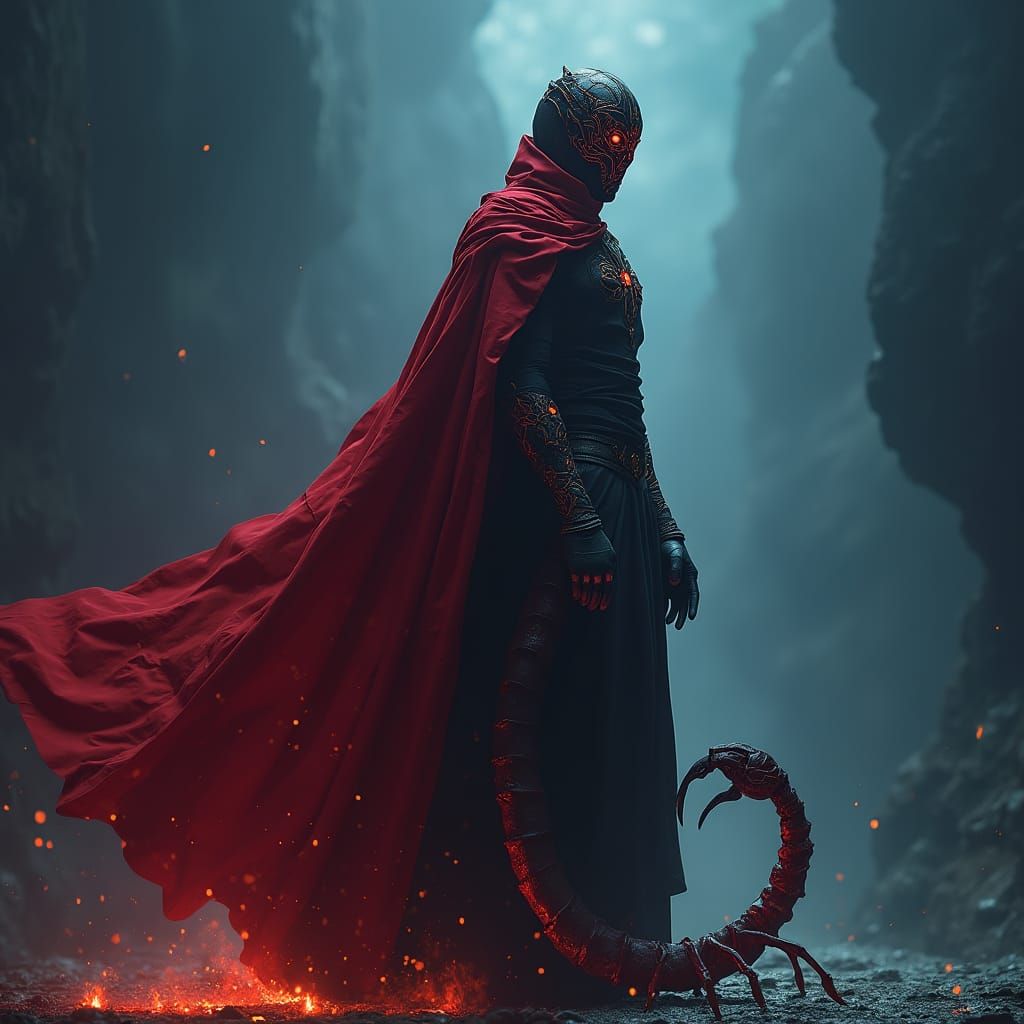 Scorpion-Tailed Figure in Crimson Cape, Dark Fantasy Art