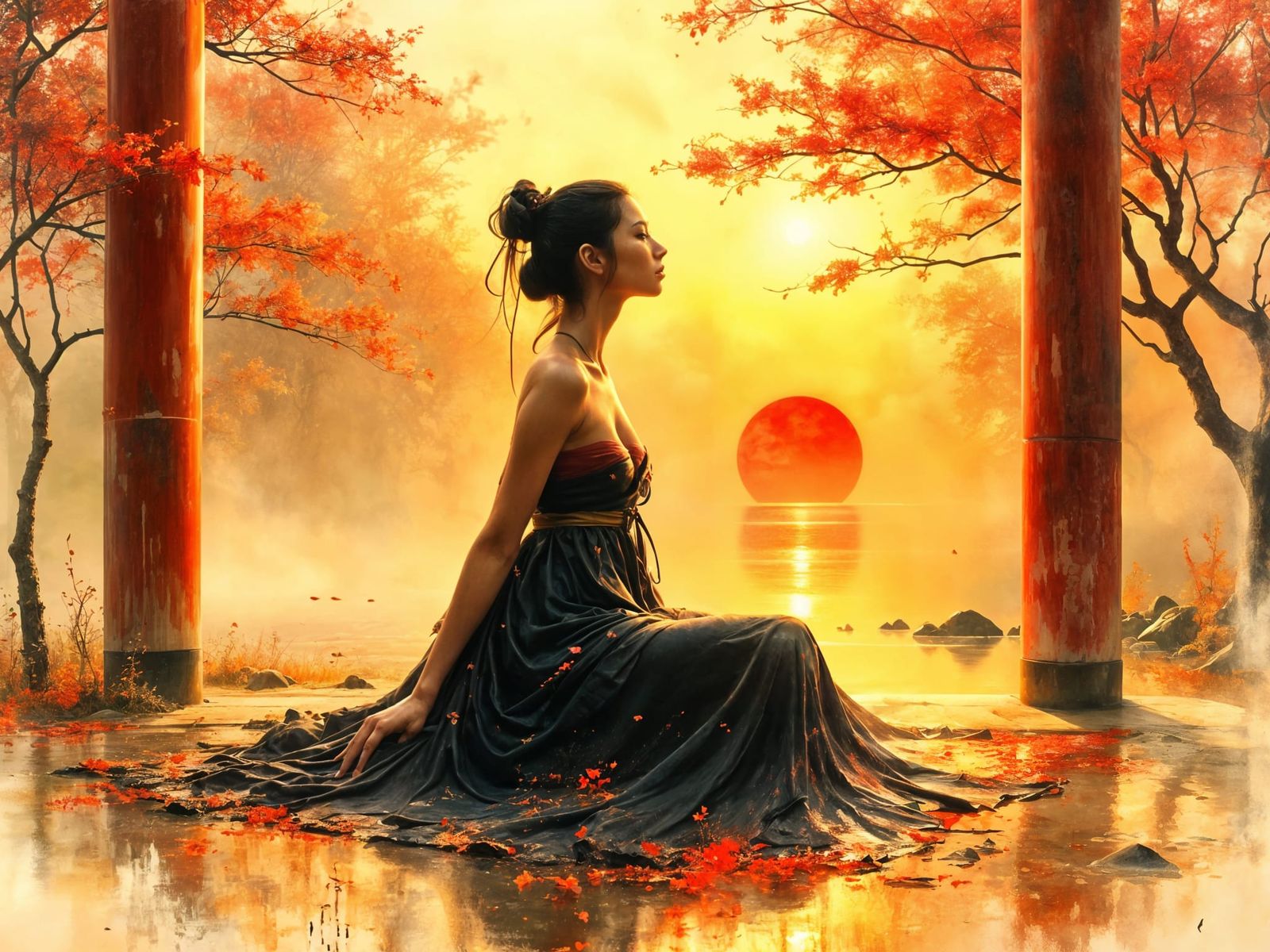 Surreal Japanese Samurai Contemplates Torii Gate