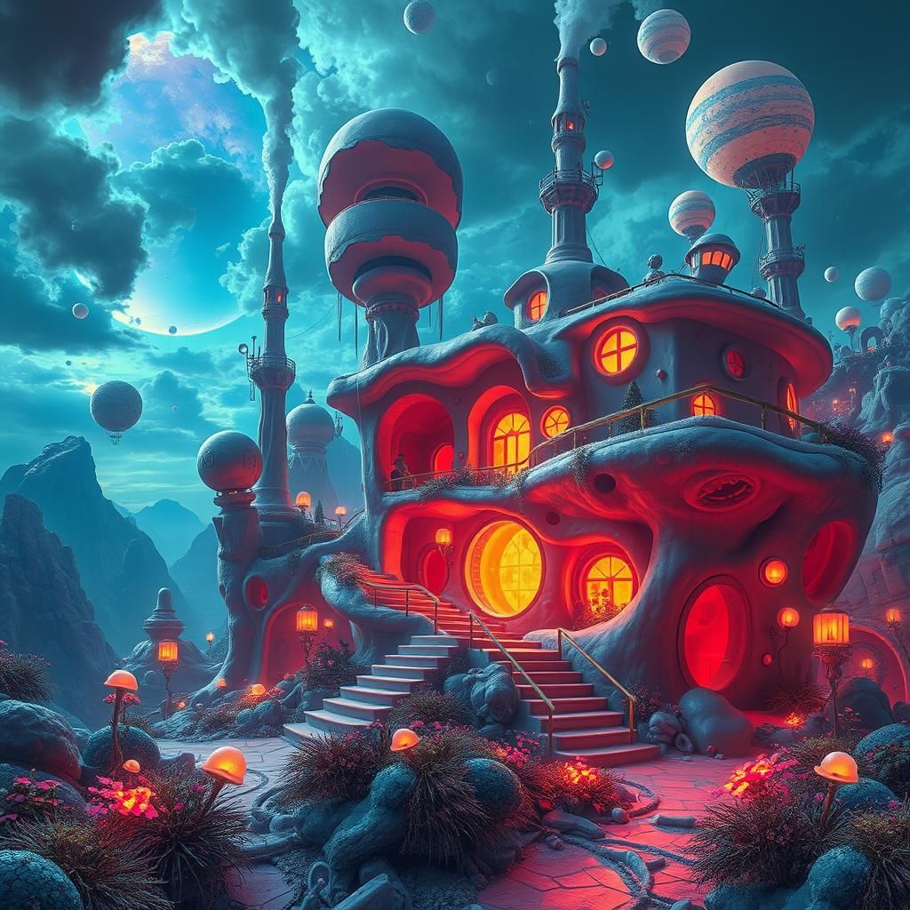 Surreal Melting Architecture in Dreamlike Landscape