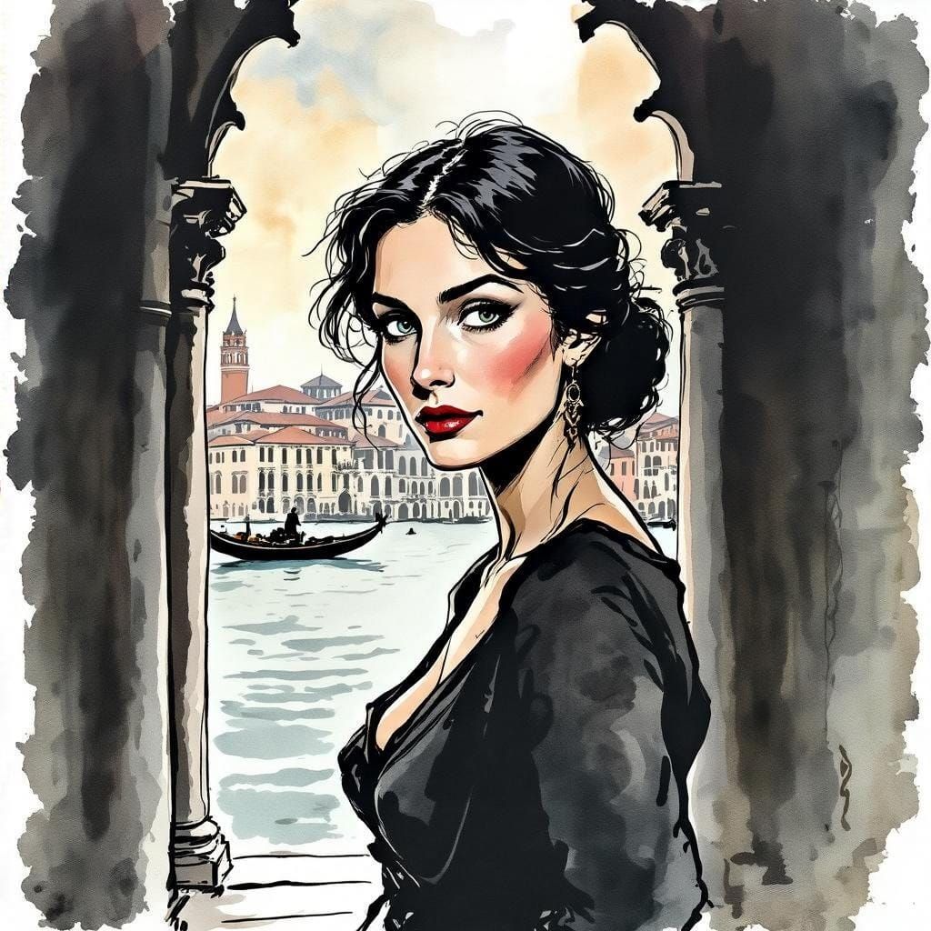 Adventurous Italian Woman in Ink and Wash