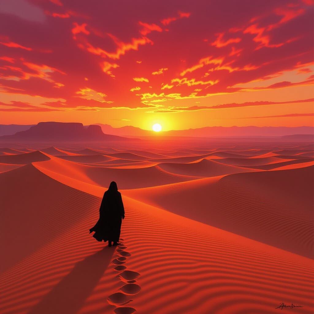 Hyperrealistic Desert Sunset Silhouette