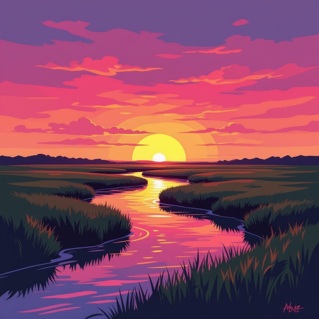 Sunset Marsh Landscape in Acrylic and Linocut Style