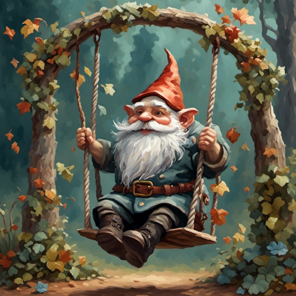 Hyperrealistic Gnome on a Swing with Intricate Details