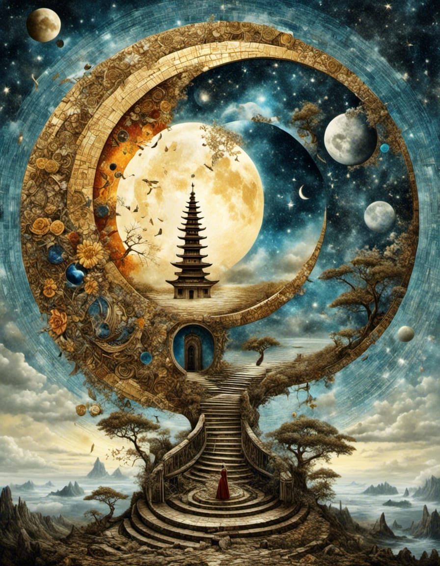 Surreal Yin Yang Mosaic Pointillism Treehouse