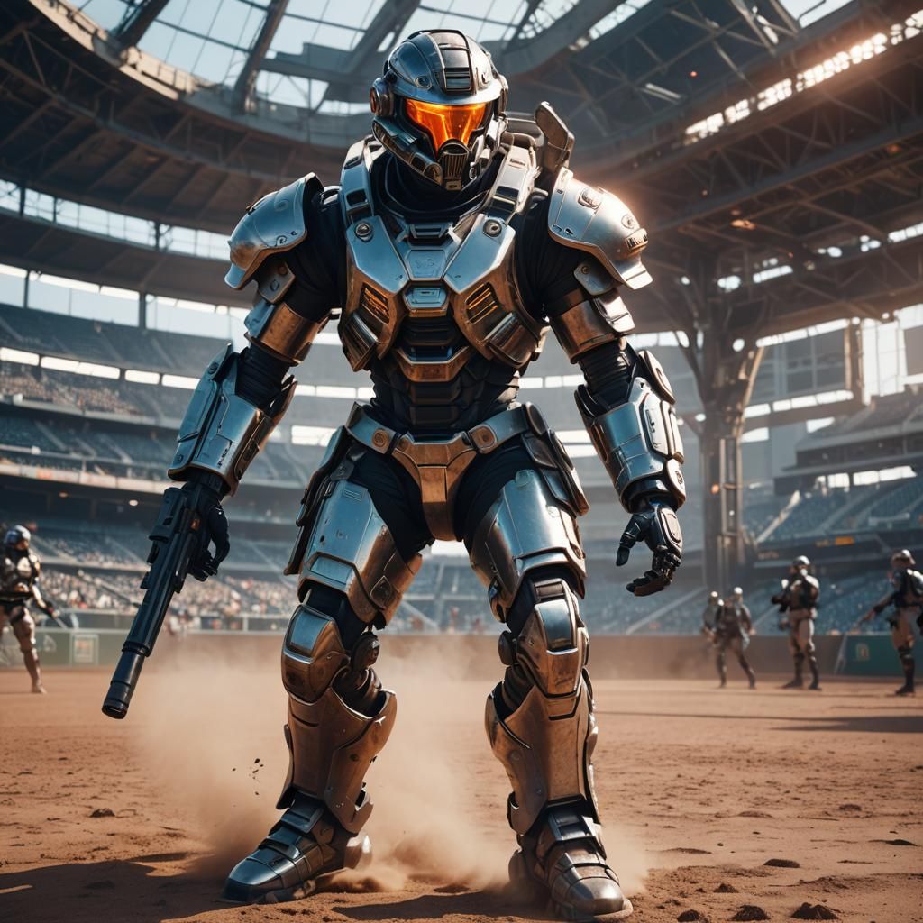 Sci-Fi Armored Baseball Player with Gun