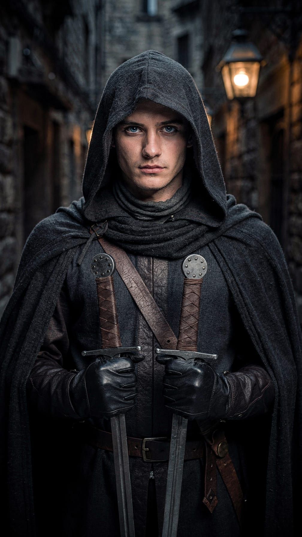 Hooded Man With Daggers in Lantern-Lit Alley